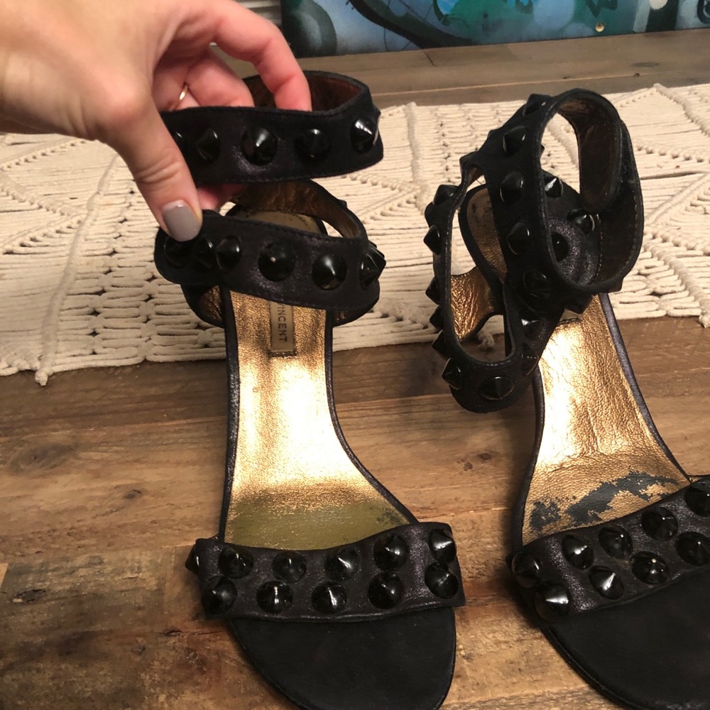 Cynthia Vincent Black studded ankle wrap heels